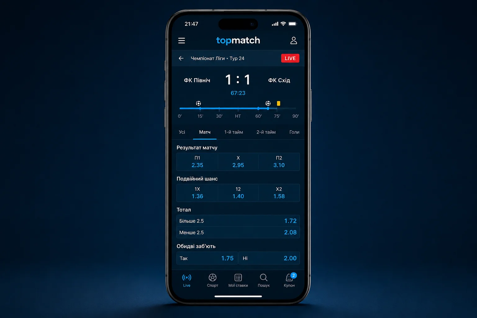 Live-ставки TopMatch на смартфоні — рахунок матчу та коефіцієнти в реальному часі